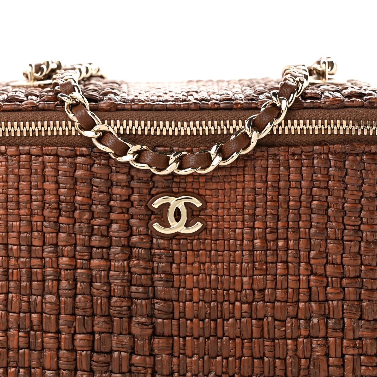 Braided Raffia Vanity Case With Chain Brown