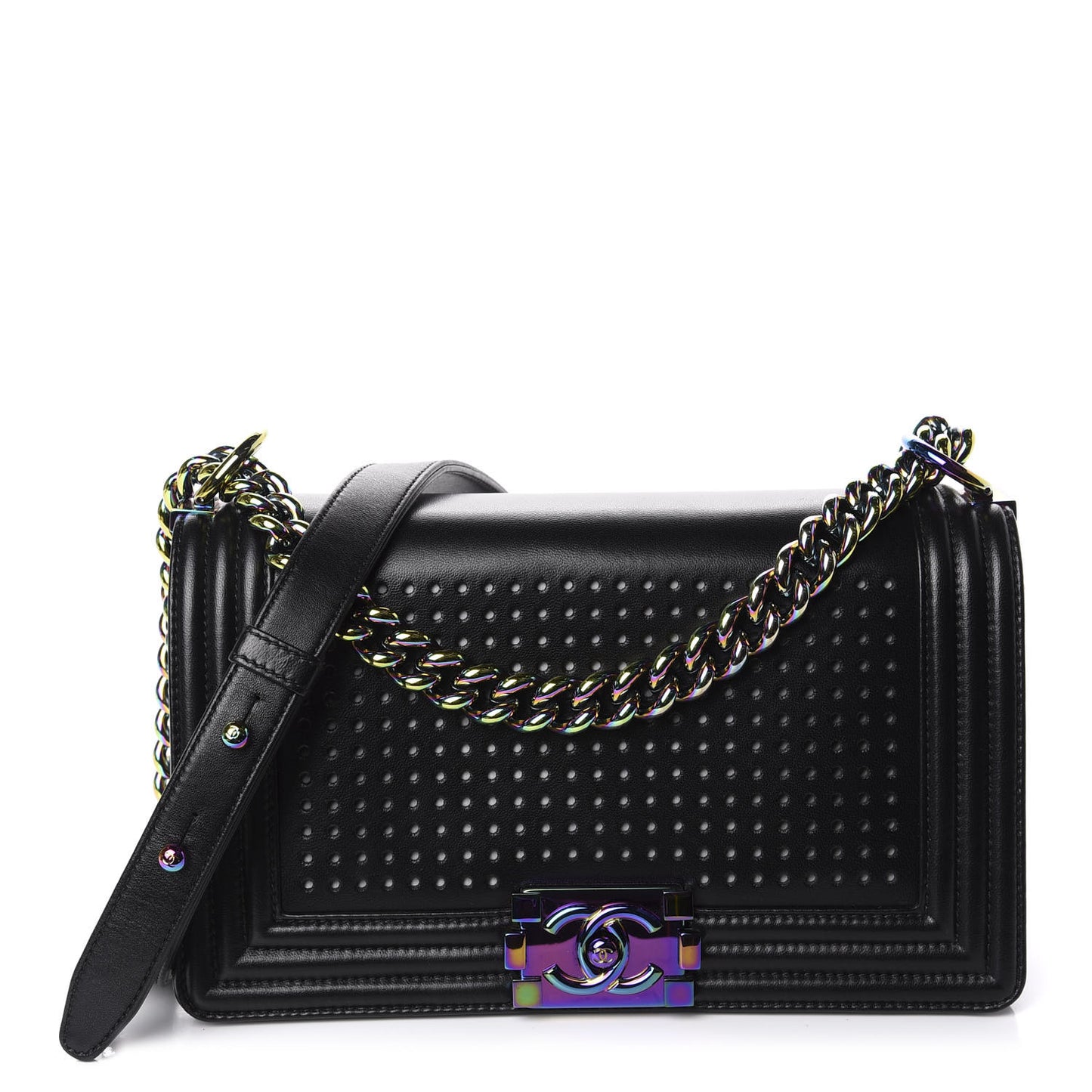 Lambskin LED Iridescent Metal Medium Boy Flap Black Multicolor