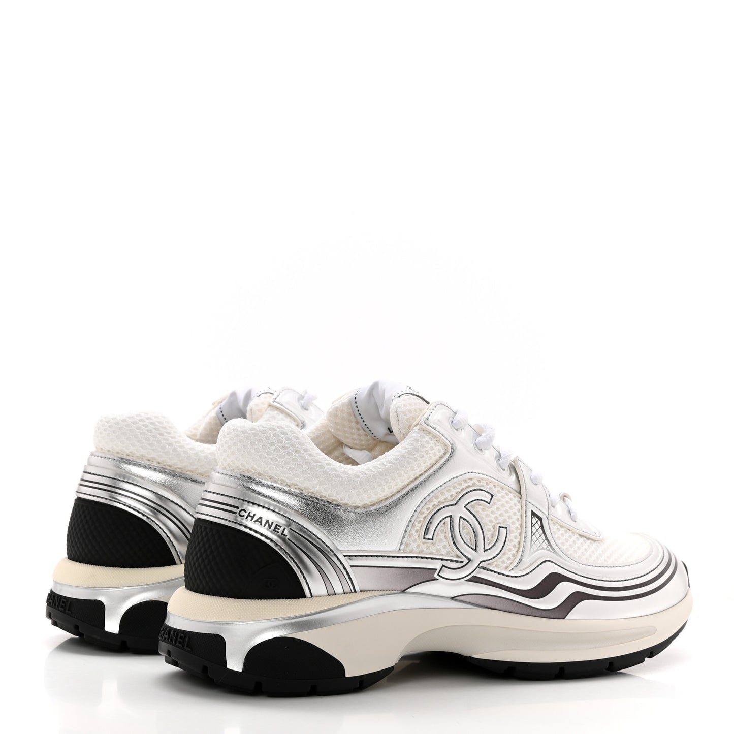 Fabric Laminated Calfskin Stretch CC Womens Sneakers 40 White Silver