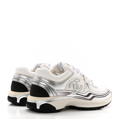 Chanel Fabric Laminated Calfskin Stretch CC Womens Sneakers 40 White Silver 4 of 11