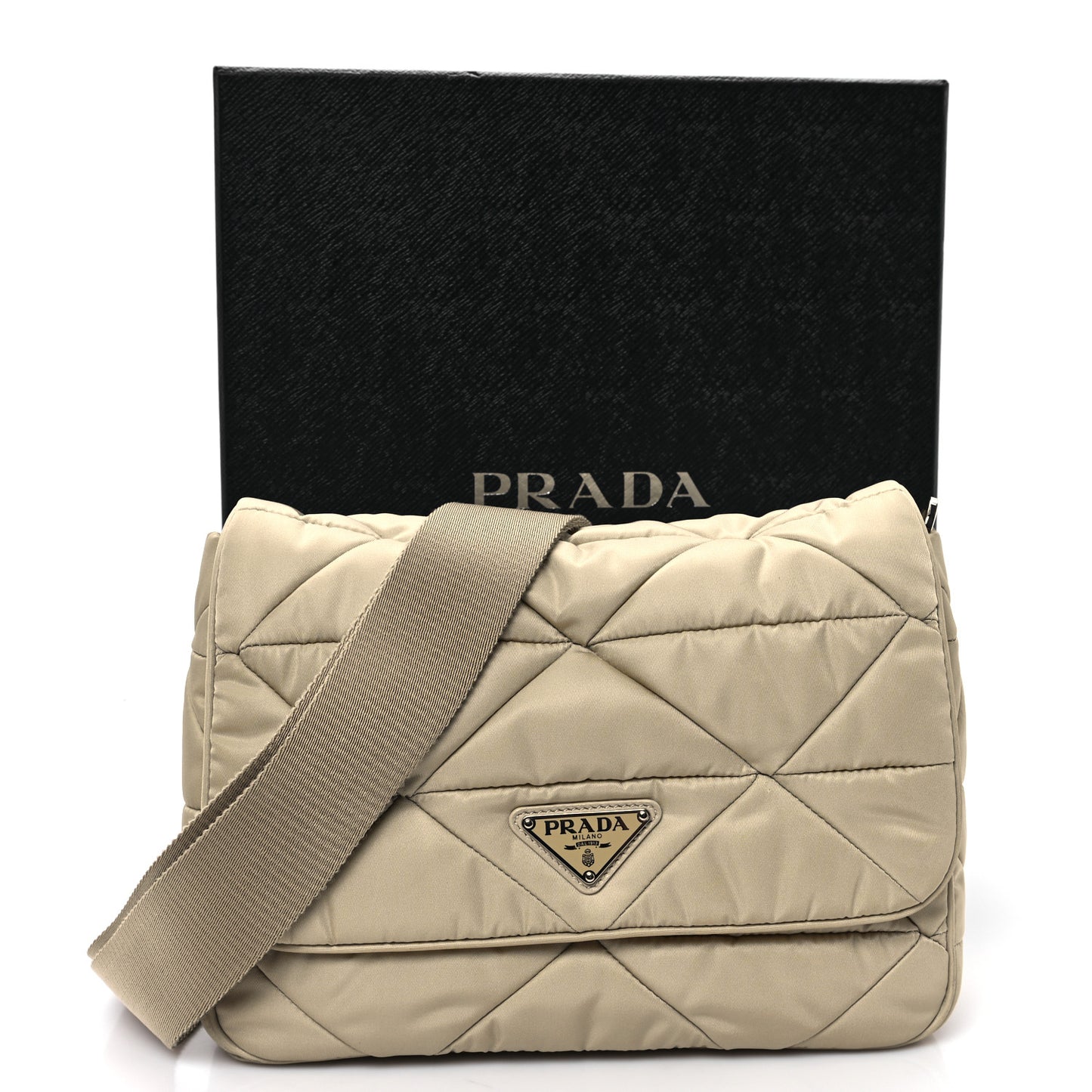 Re-Nylon Quilted Padded Flap Shoulder Bag Deserto
