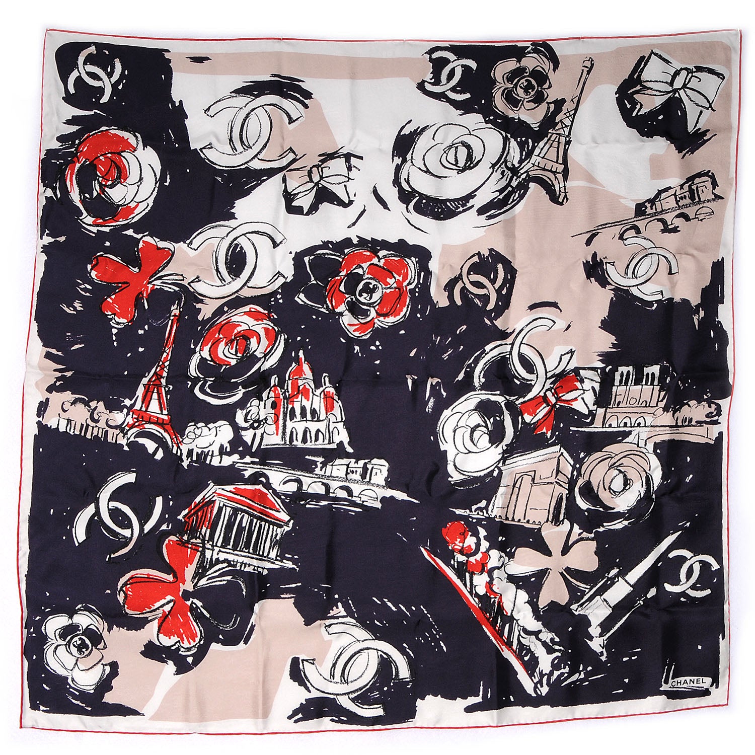 Chanel Silk Paris Scarf Navy Beige 2 of 5