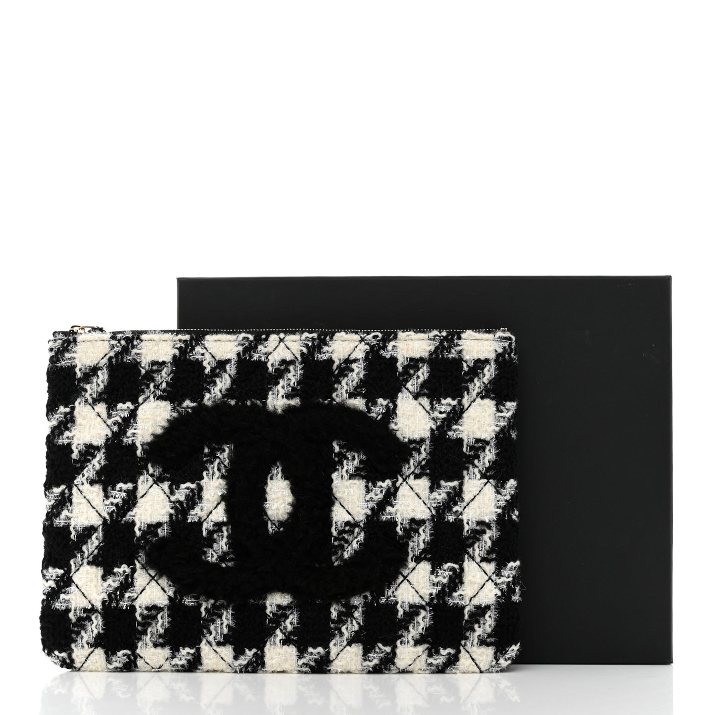 Tweed Shearling Quilted Chanel Cosmetic Pouch White Black