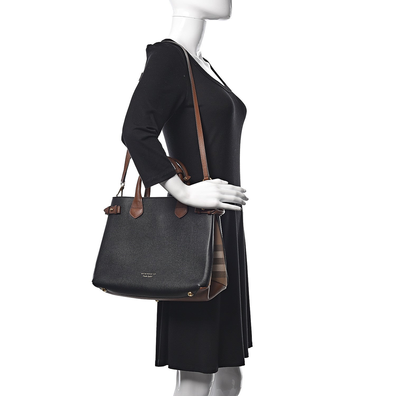Burberry Grainy Calfskin House Check Two Tone Medium Banner Tote Black Brown 2 of 10