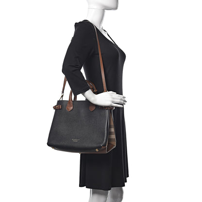 Burberry Grainy Calfskin House Check Two Tone Medium Banner Tote Black Brown 2 of 10