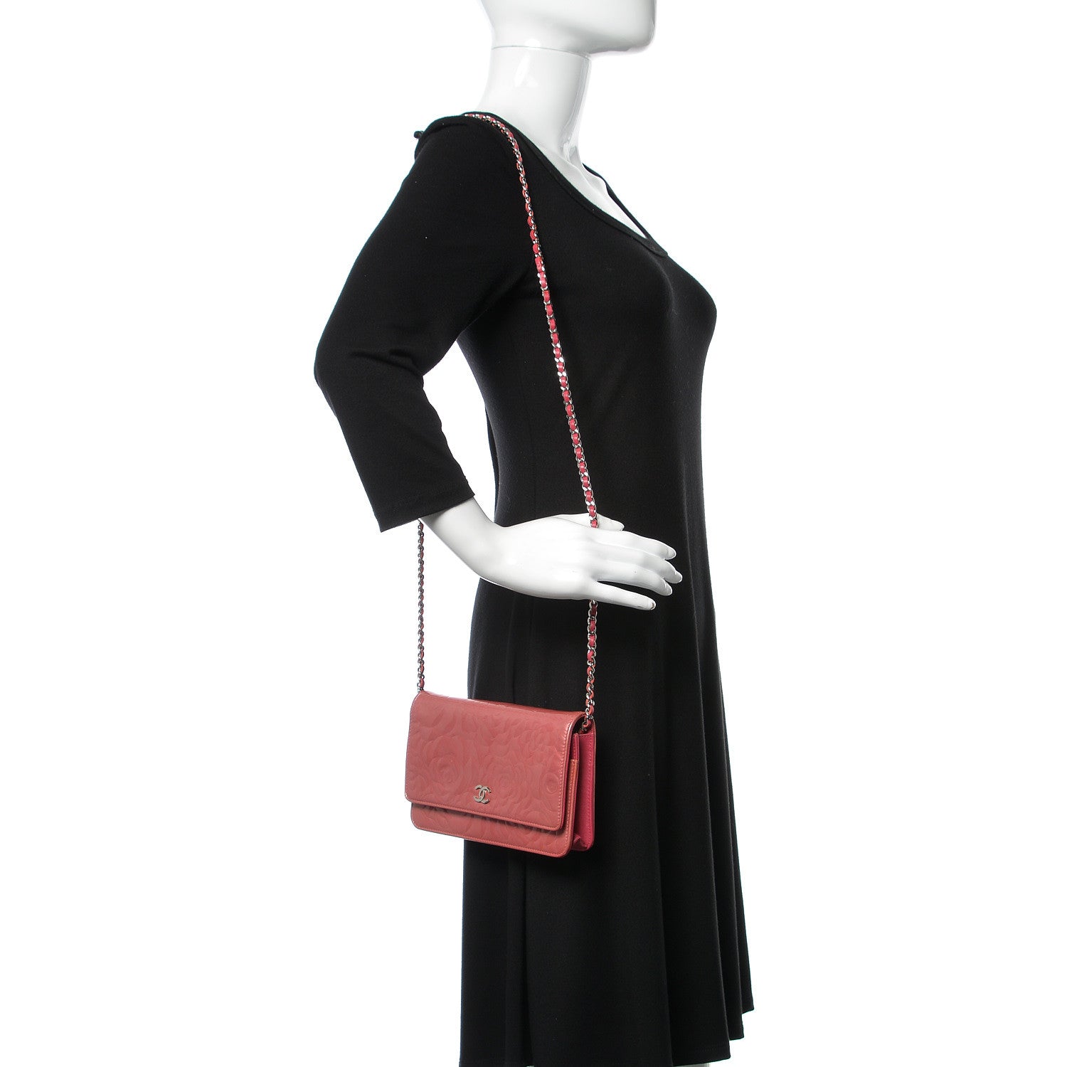 Chanel Patent Camellia Embossed Wallet on Chain WOC Rose 2 of 14