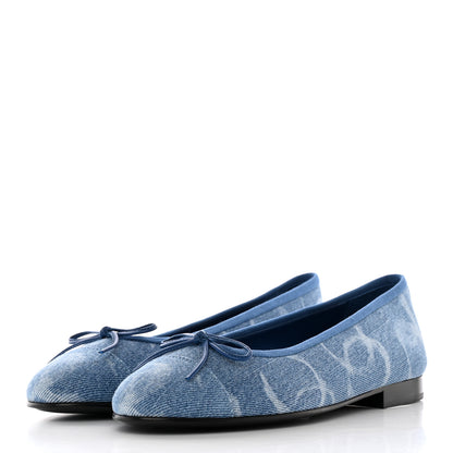 Chanel Denim Printed CC Cap Toe Ballerina Flats 37 Light Blue White 3 of 13
