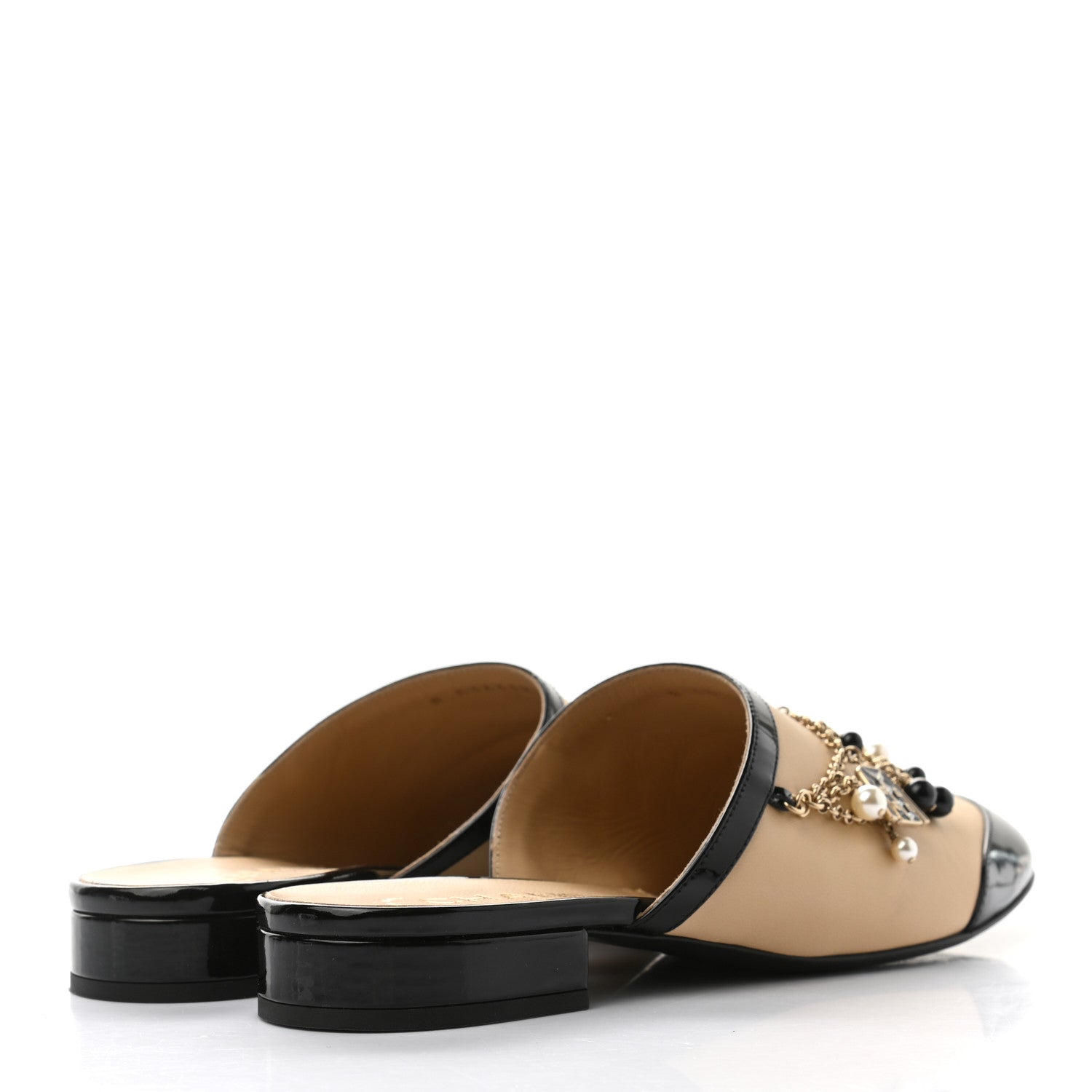 Chanel Lambskin Patent Pearl Chain Charm CC Mules 38 Beige Black 4 of 9