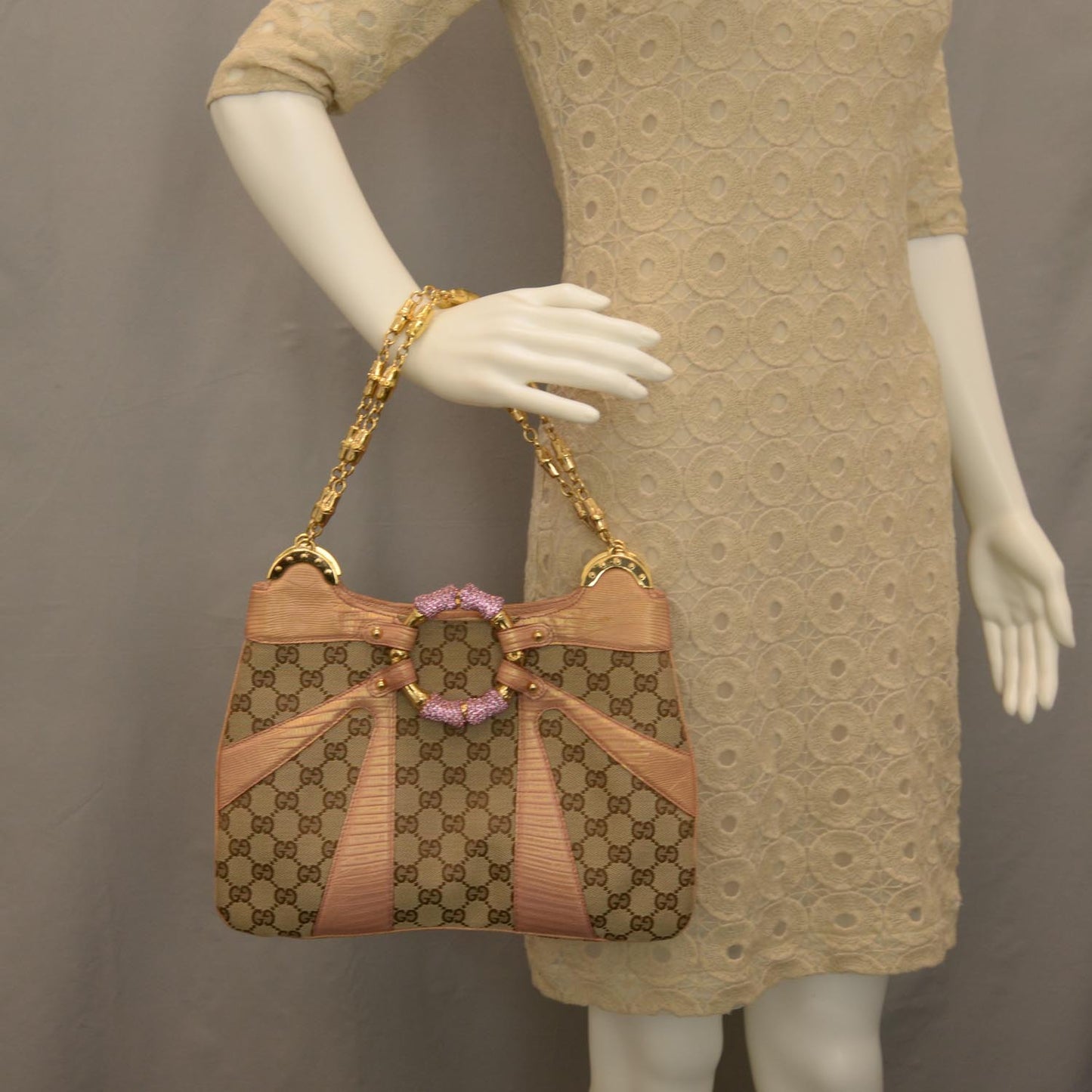 Monogram Calfskin Lizard Embossed Bamboo Chain Shoulder Bag