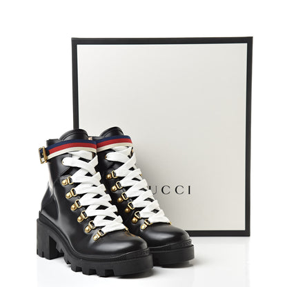 Gucci Calfskin Sylvie Web Womens Lace Up Combat Boots 36 Black 7 of 7
