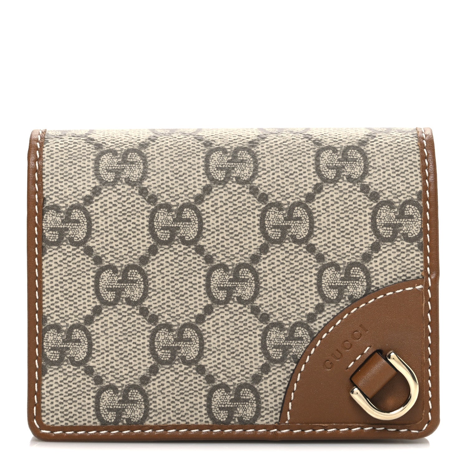 Gucci GG Supreme Monogram Textured Calfskin Emblem Mini Wallet Beige Dark Brown 1 of 7