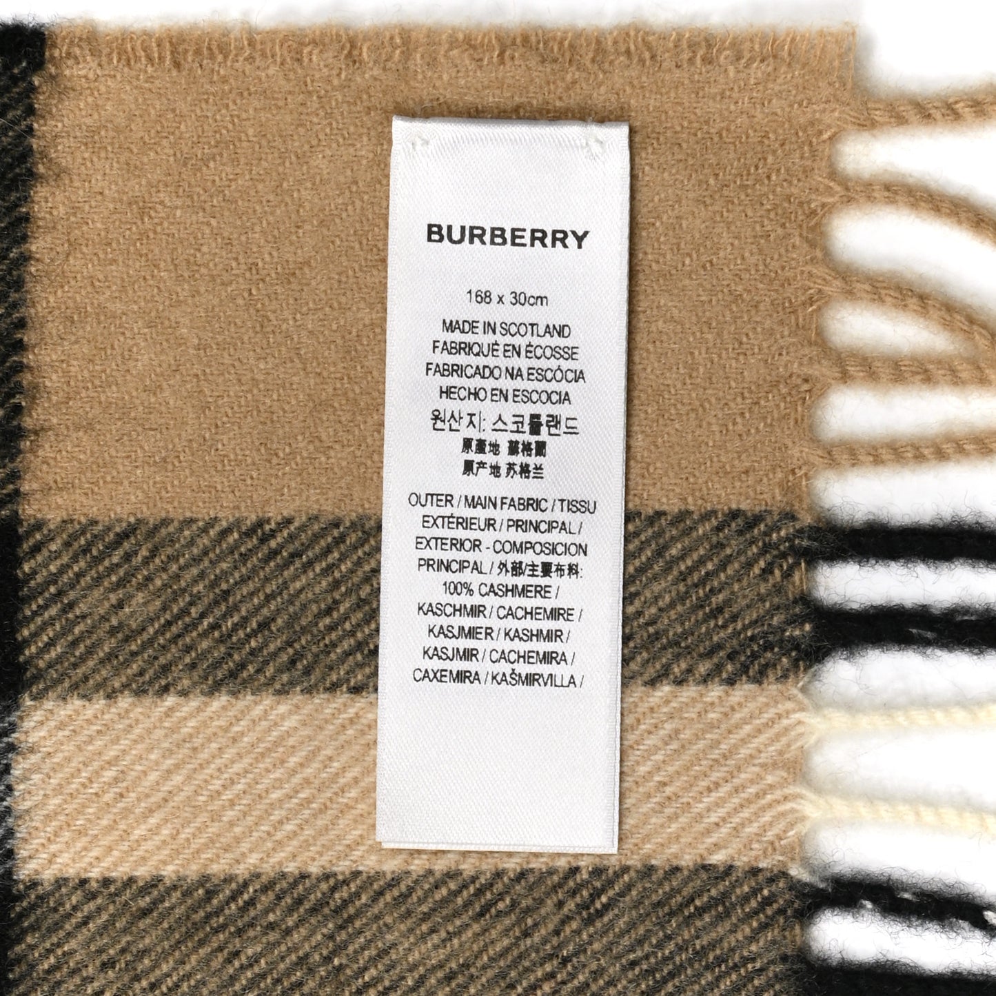 Cashmere Giant Check Fringe Scarf Camel