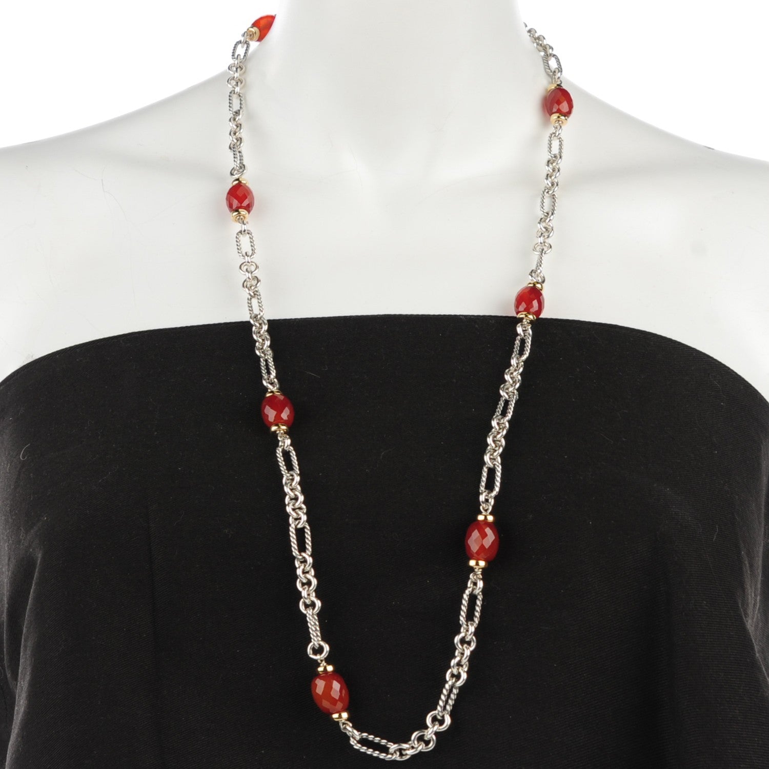 David Yurman Sterling Silver 18K Yellow Gold Carnelian 20mm Figaro Chain Necklace 2 of 5