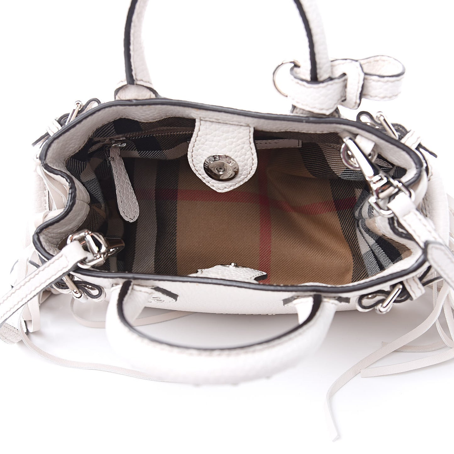 Grainy Calfskin Studded Fringe Baby Banner Tote White