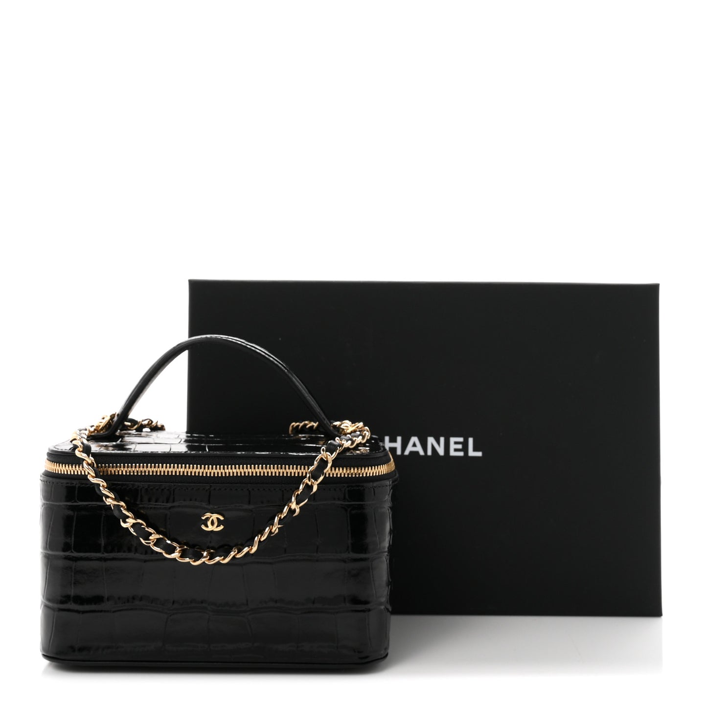 Calfskin Crocodile Embossed Crococo Small Top Handle Vanity Case With Chain Black