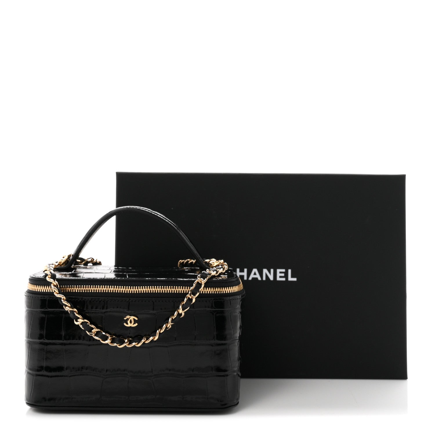 Chanel Calfskin Crocodile Embossed Crococo Small Top Handle Vanity Case With Chain Black 11 of 11