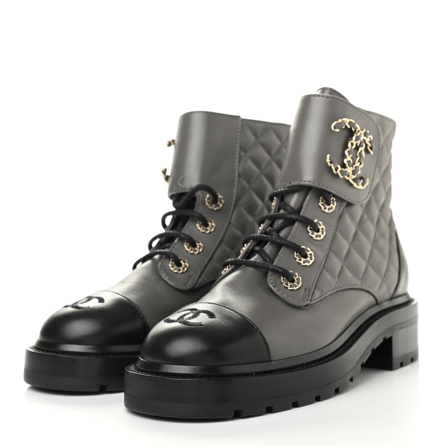 Chanel Shiny Lambskin Quilted Lace Up Combat Boots 36.5 Grey Black 3 of 12