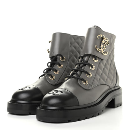 Chanel Shiny Lambskin Quilted Lace Up Combat Boots 36.5 Grey Black 3 of 12