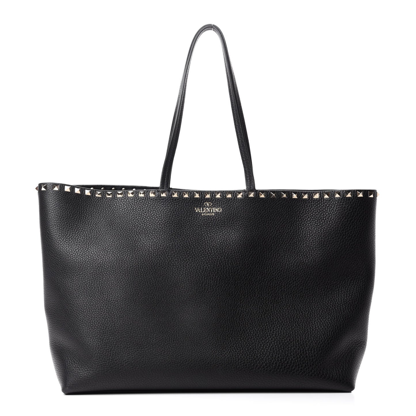 Grained Calfskin Rockstud Shoulder Tote Black
