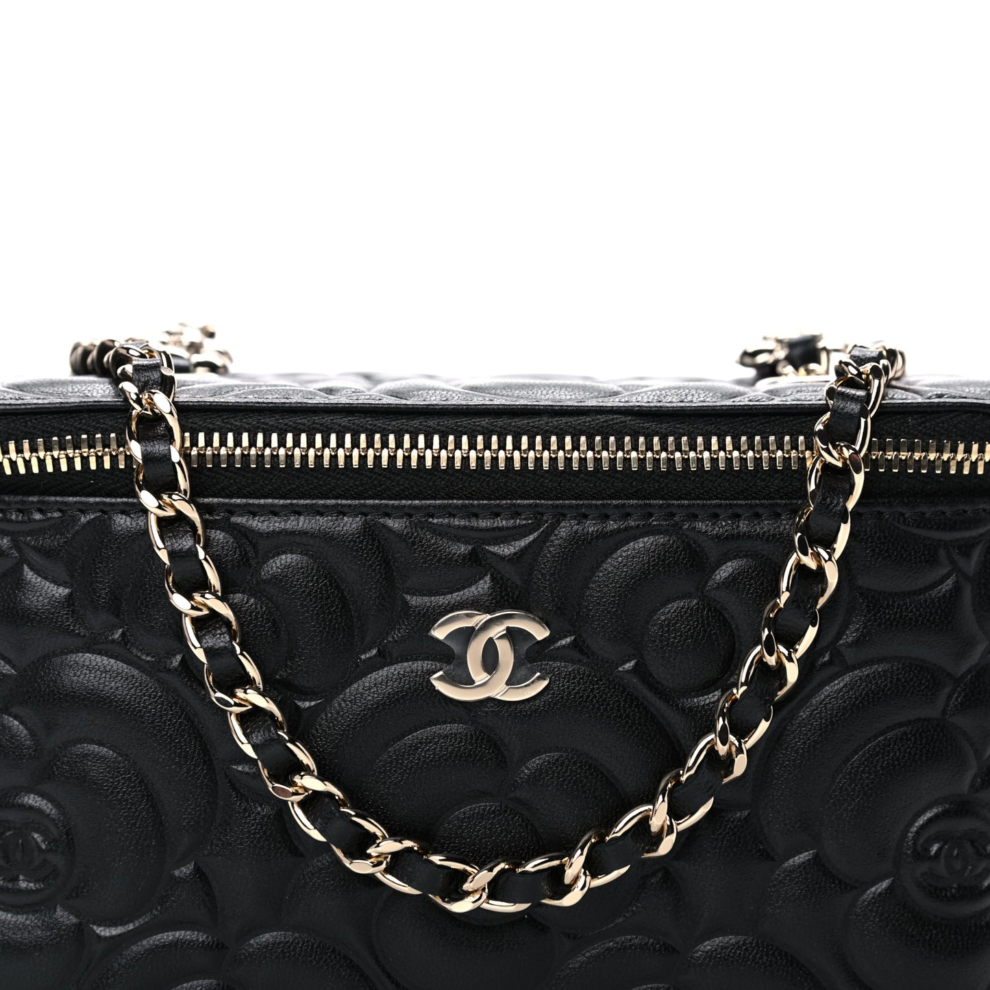 Lambskin Camellia Embossed Small Vanity Case With Chain Black