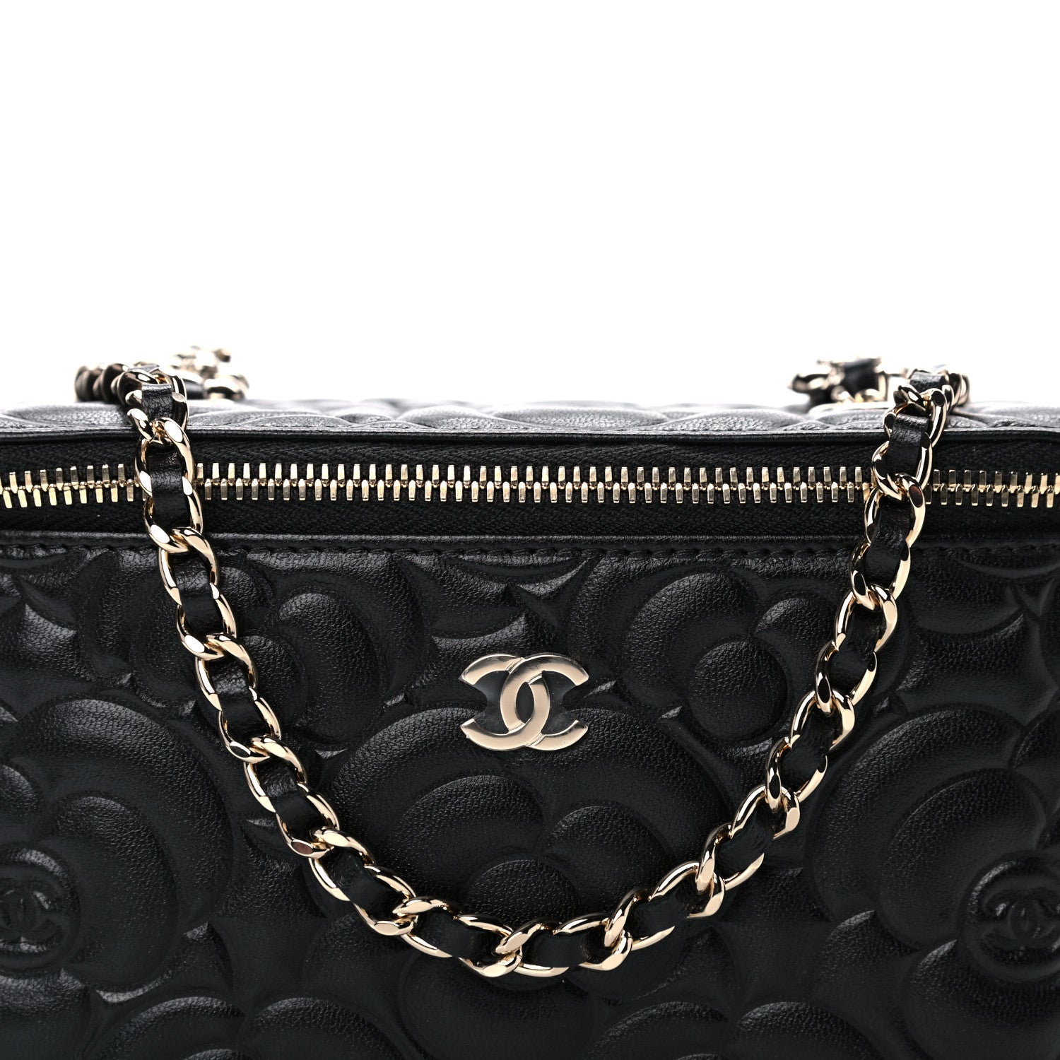 Chanel Lambskin Camellia Embossed Small Vanity Case With Chain Black 8 of 11