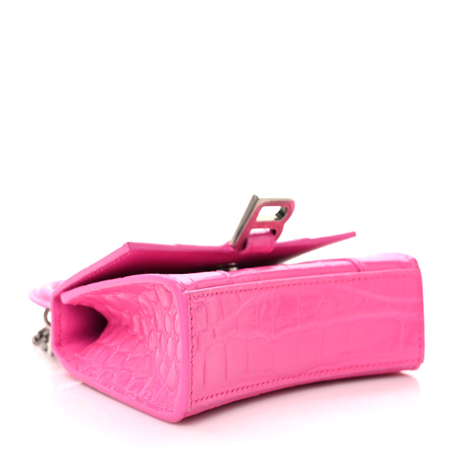 Balenciaga Shiny Calfskin Crocodile Embossed Hourglass Top Handle Bag Mini with Chain Neon Pink 4 of 9