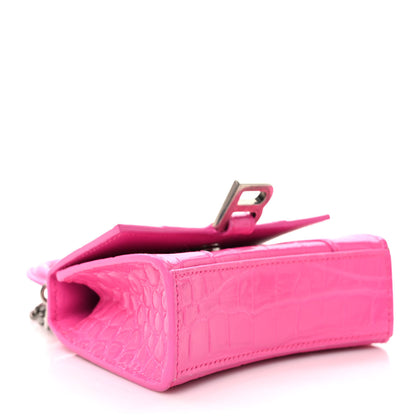 Balenciaga Shiny Calfskin Crocodile Embossed Hourglass Top Handle Bag Mini with Chain Neon Pink 4 of 9
