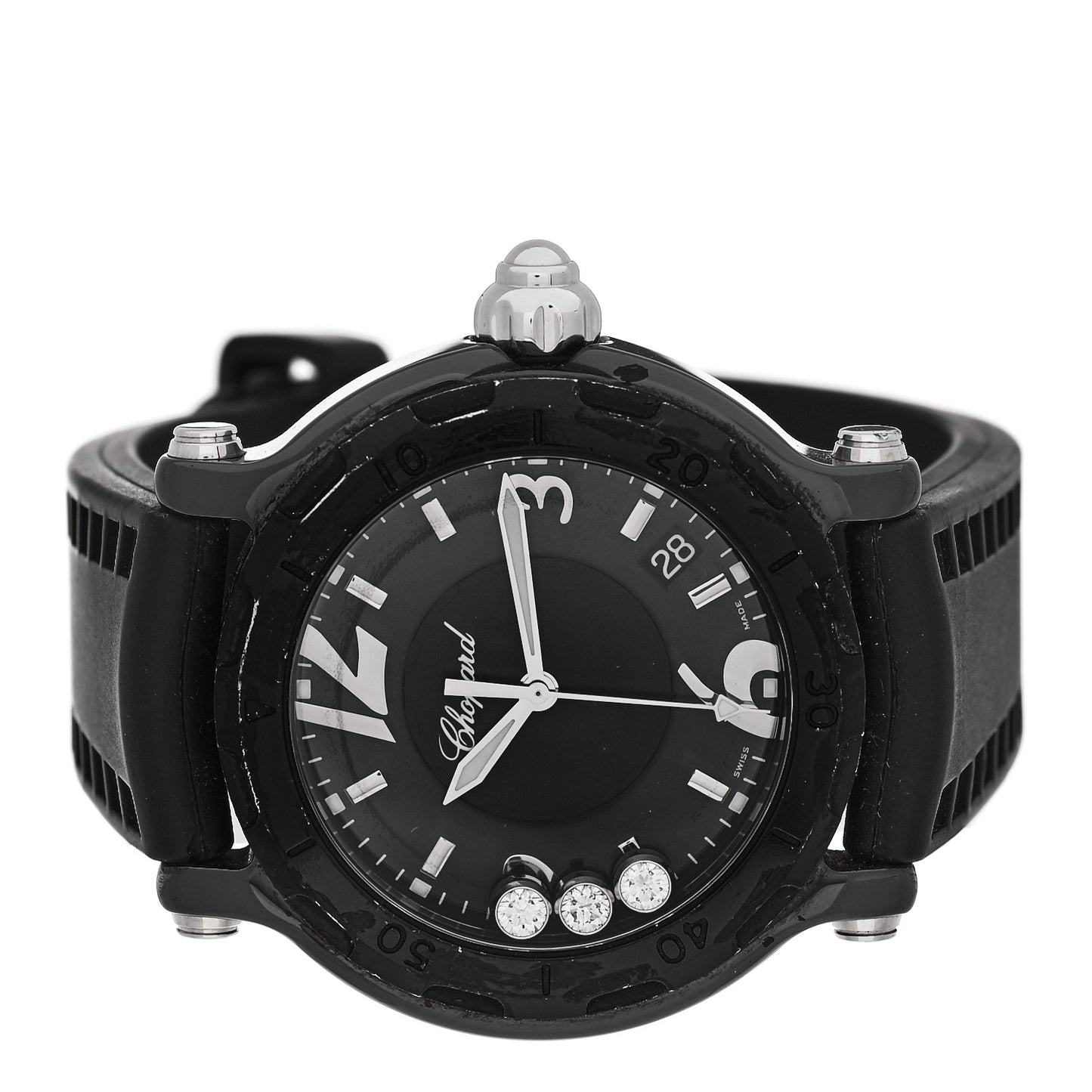 Stainless Steel Ceramic Rubber 3 Diamond 38mm Happy Sport Quartz Watch Black
