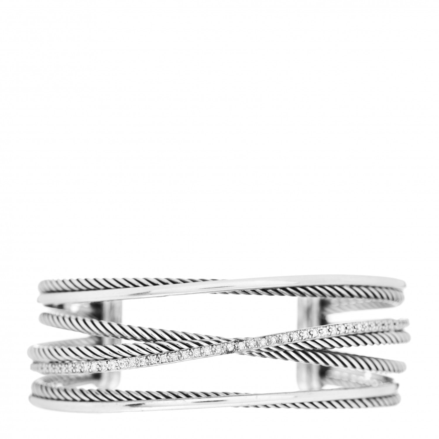 David Yurman Sterling Silver Diamond Crossover Four Row Cuff Bracelet 1 of 5
