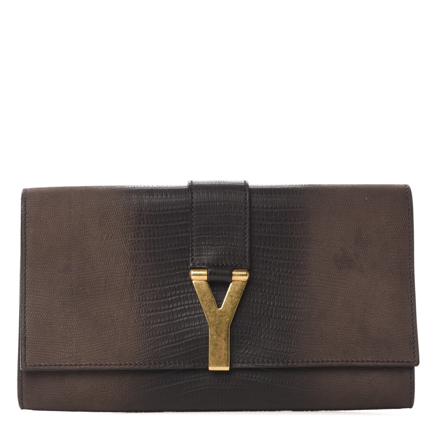 Calfskin Lizard Embossed Classic Y Clutch Brown