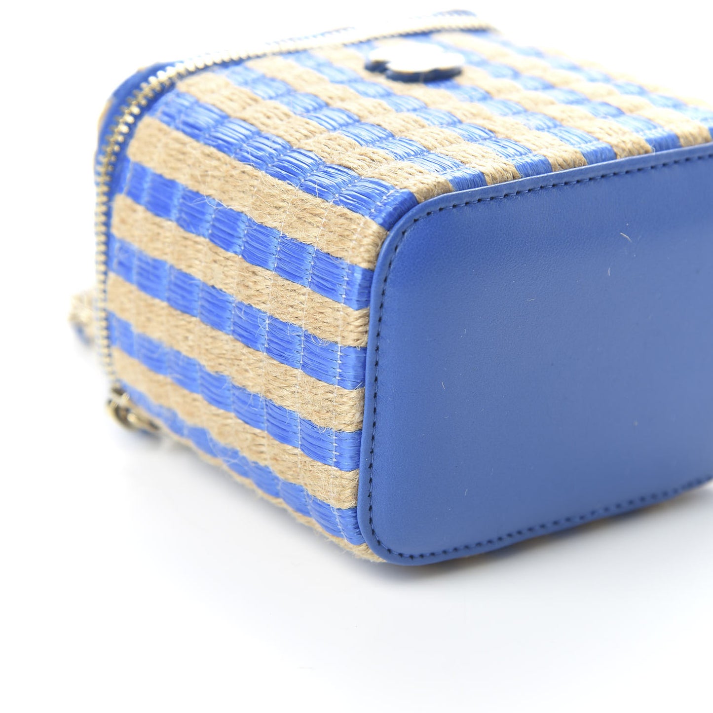 Raffia Jute Striped Mini Vanity Case With Chain Blue Beige
