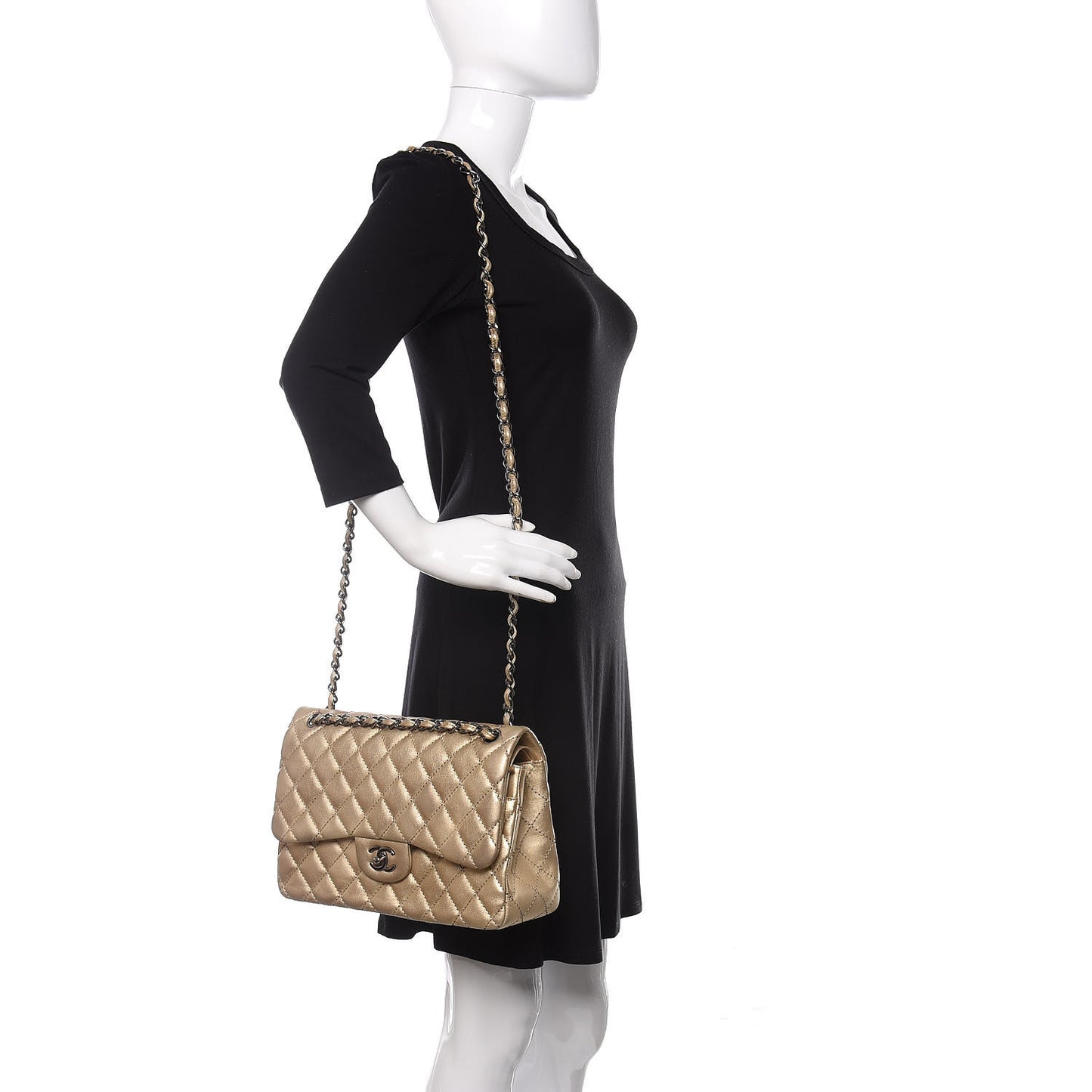 Metallic Washed Lambskin Quilted Jumbo Double Flap Dark Gold Black