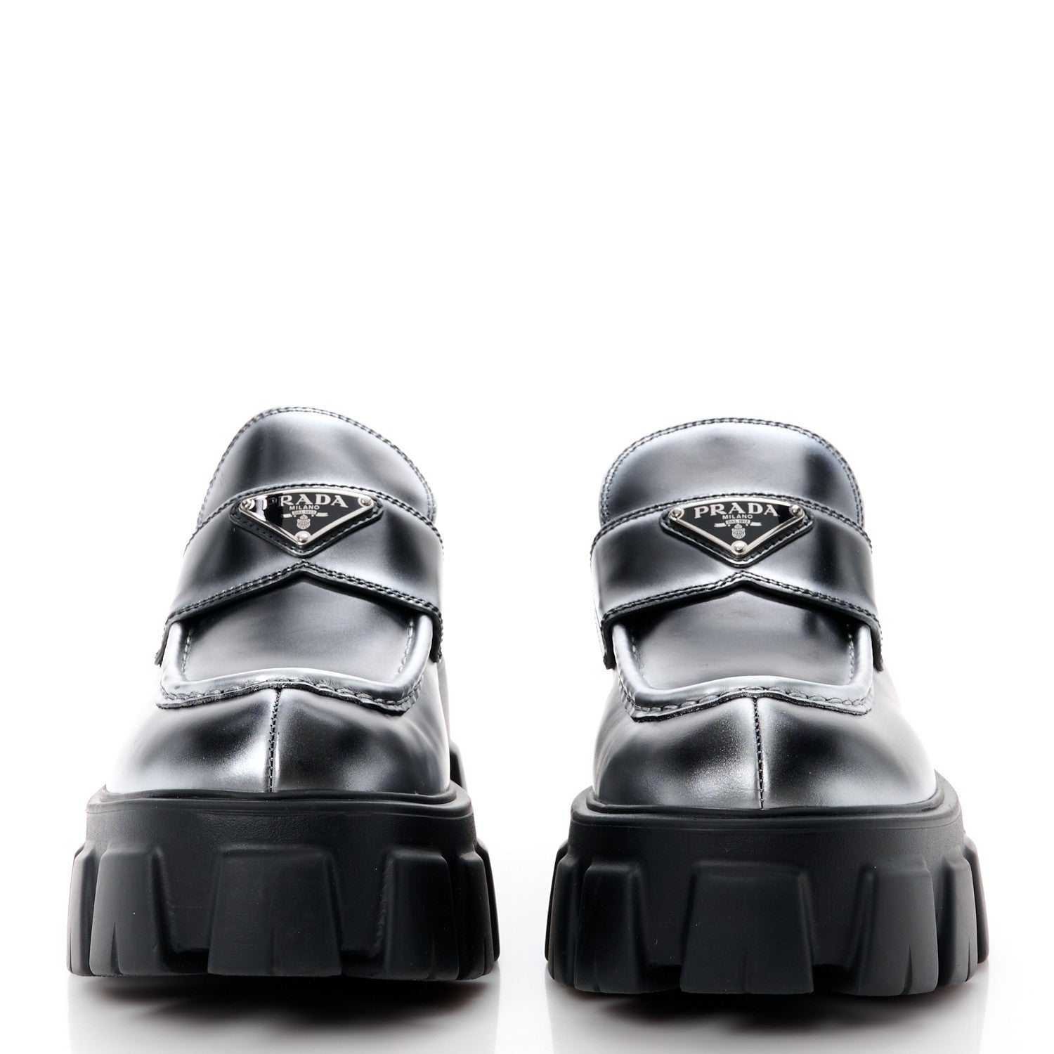 Prada Spazzolato Rois Triangle Monolith 55mm Loafers 39.5 Black Argento 2 of 11