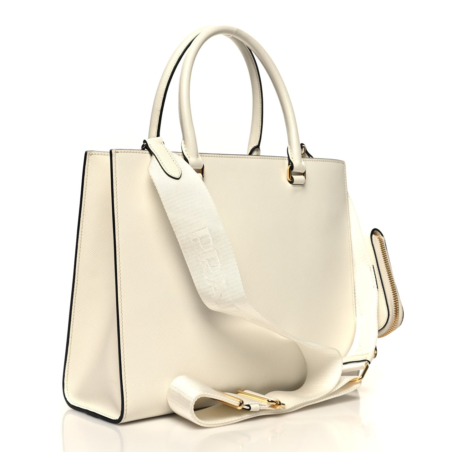 Saffiano Lux Logo Embossed Medium Shoulder Tote Handbag White