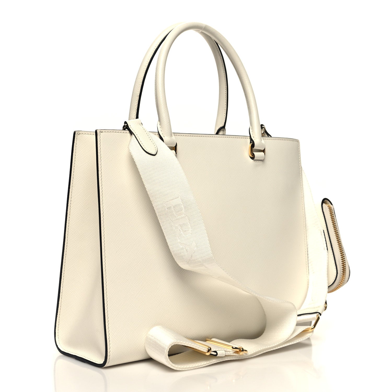 Prada Saffiano Lux Logo Embossed Medium Shoulder Tote Handbag White 3 of 9