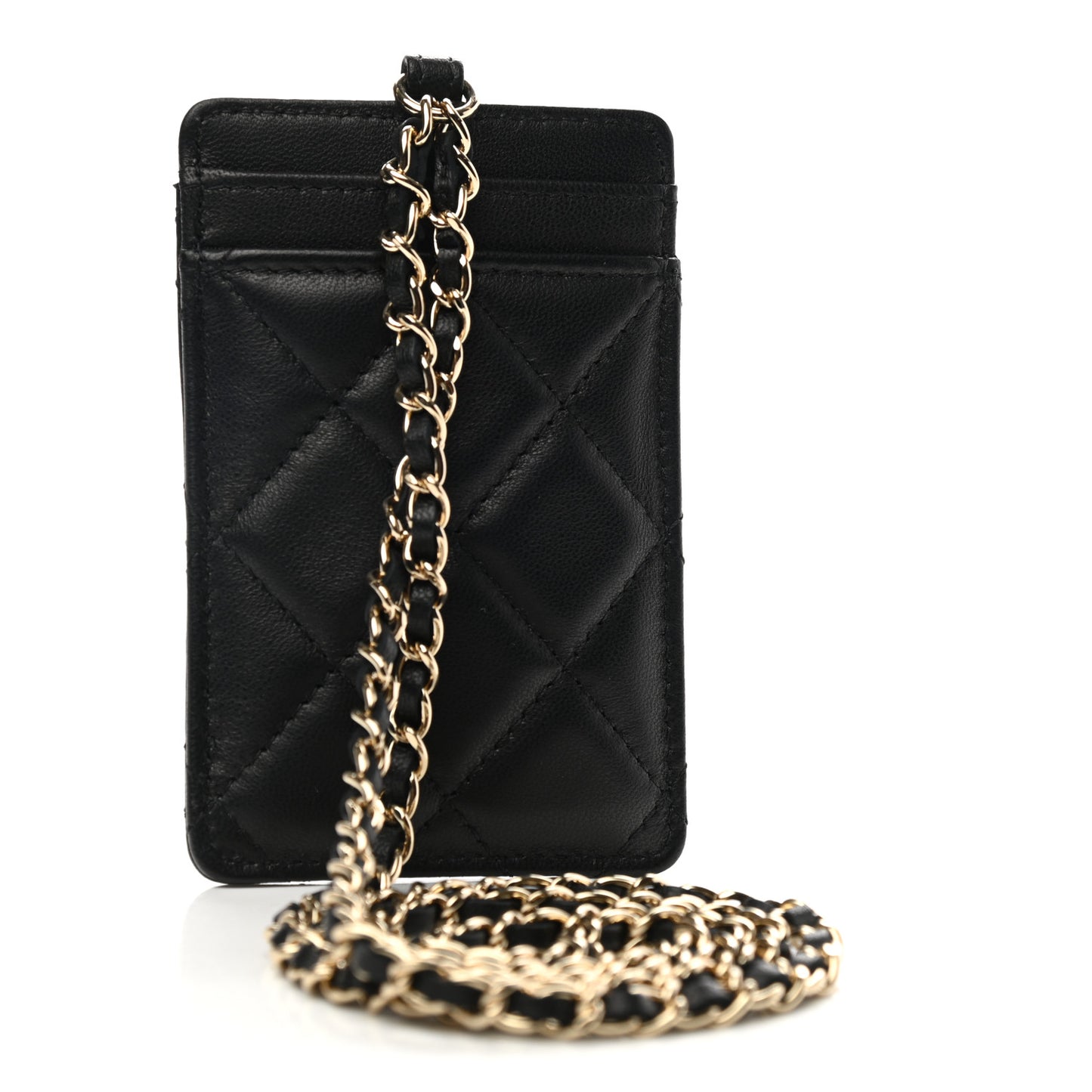 Lambskin Quilted Glitter Card Holder On Chain Black