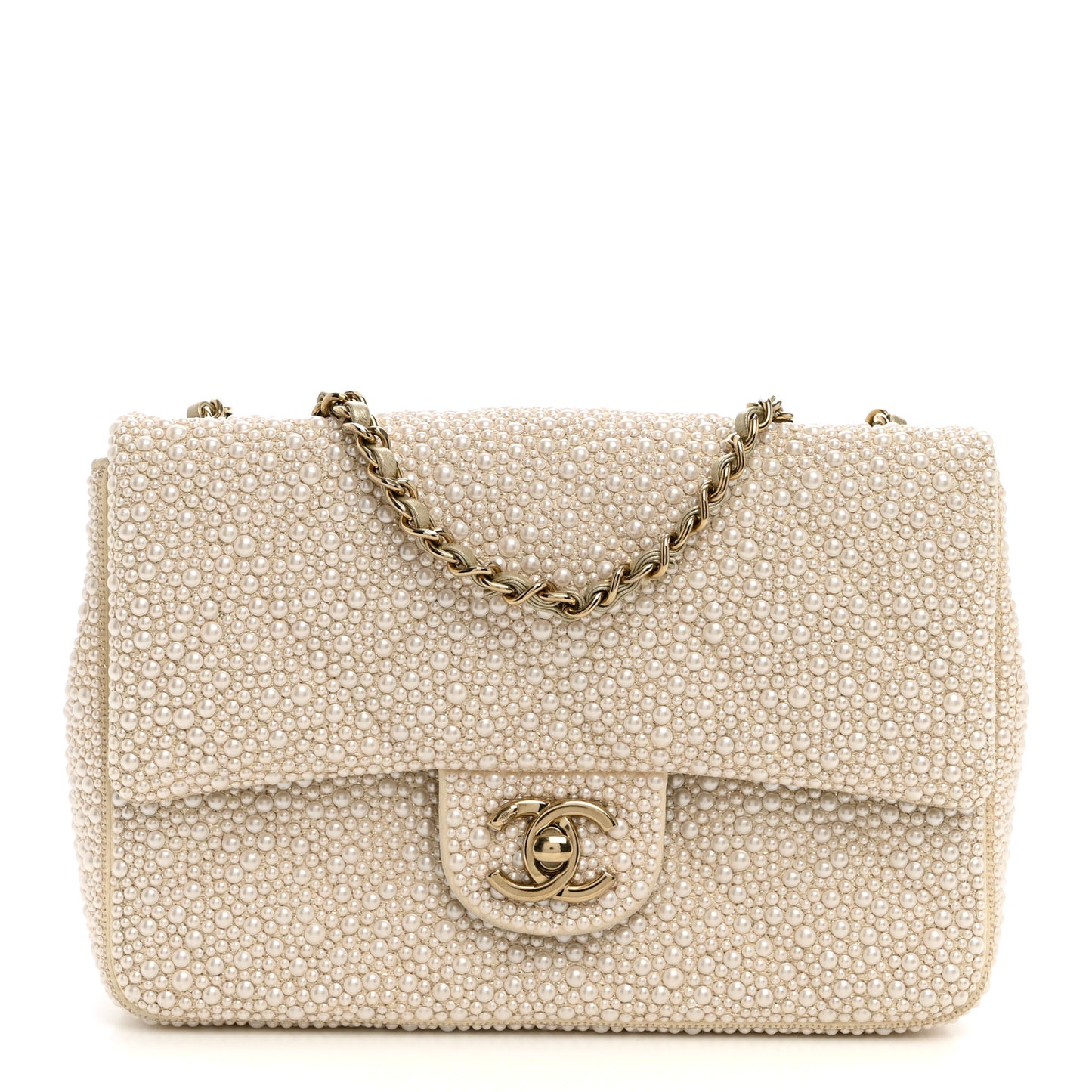 Metallic Lambskin Quilted Pearl Flap Gold White