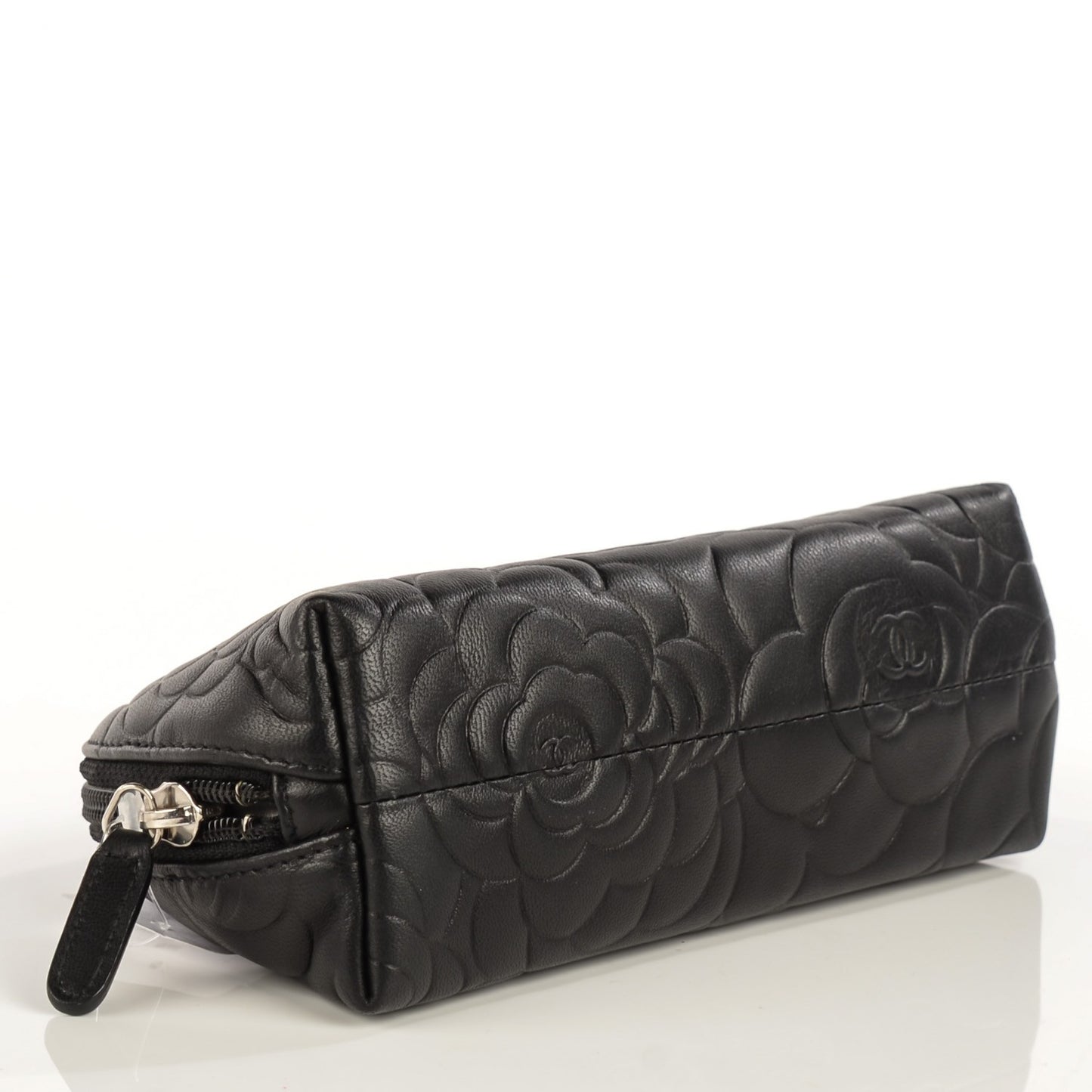 Lambskin Camellia Embossed Cosmetic Case Black