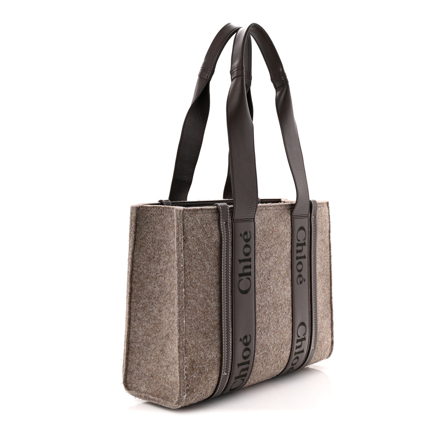 Felt Calfskin Medium Woody Ribbon Tote Deep Beige