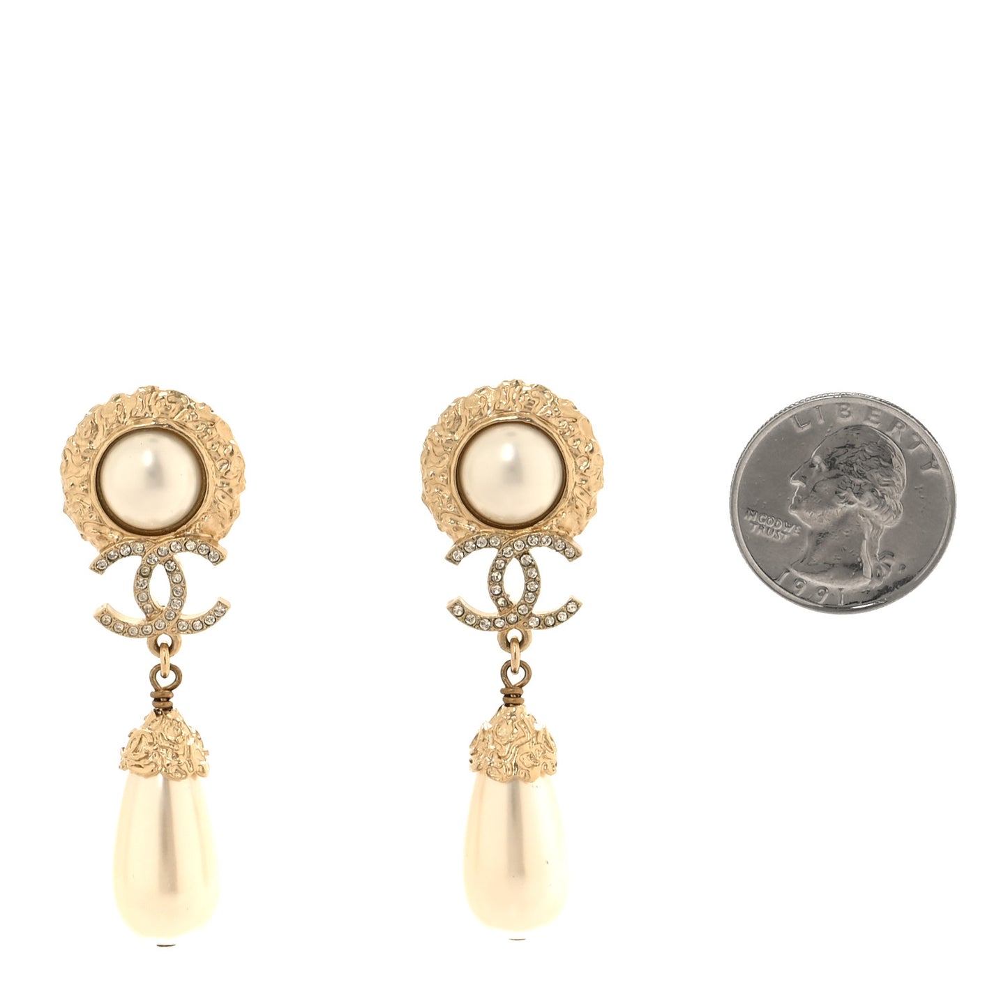 Metal Pearl Crystal Textured Teardrop CC Drop Earrings Gold