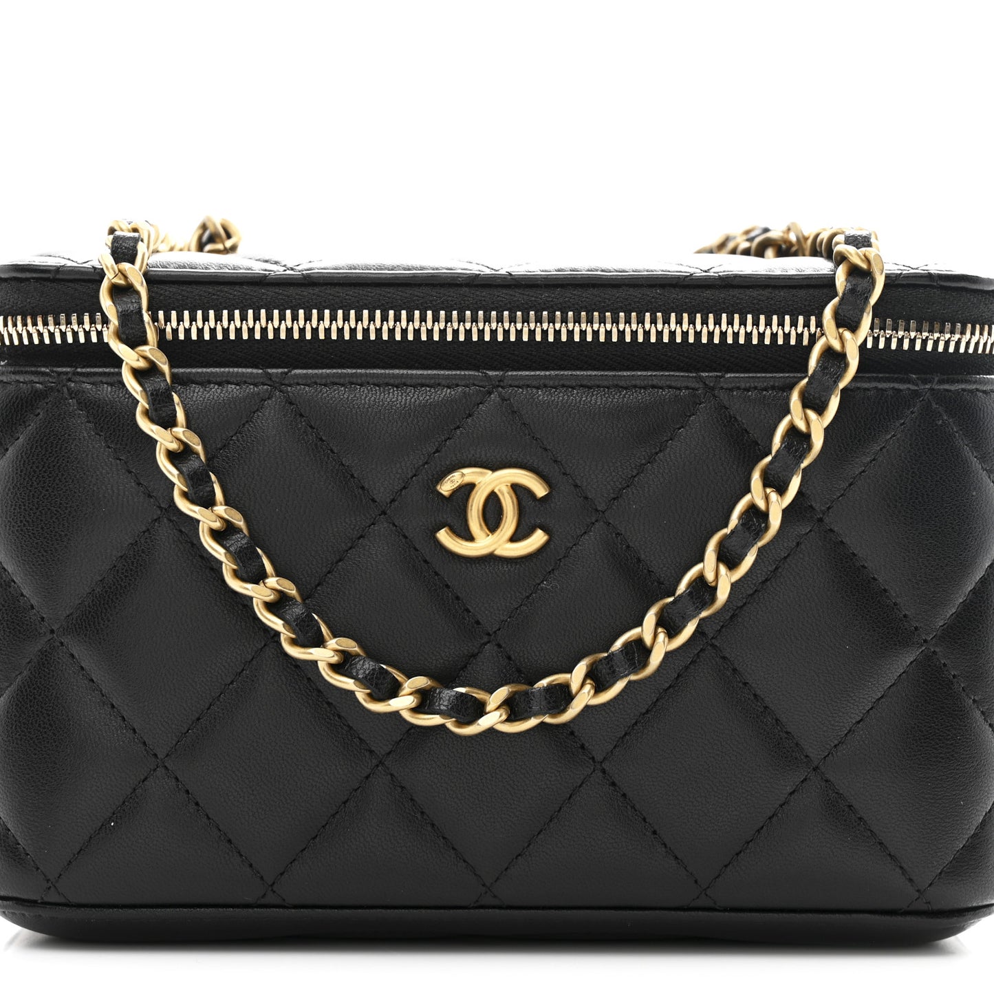Lambskin Quilted Pearl Crush Small Vanity Case With Chain Black