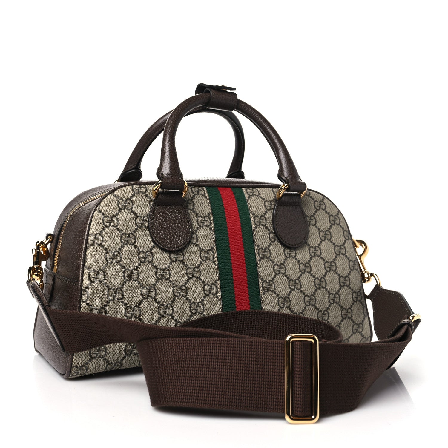 Gucci GG Supreme Monogram Textured Dollar Calfskin Web Medium Ophidia Top Handle Bowler Bag Beige Ebony New Acero 3 of 10