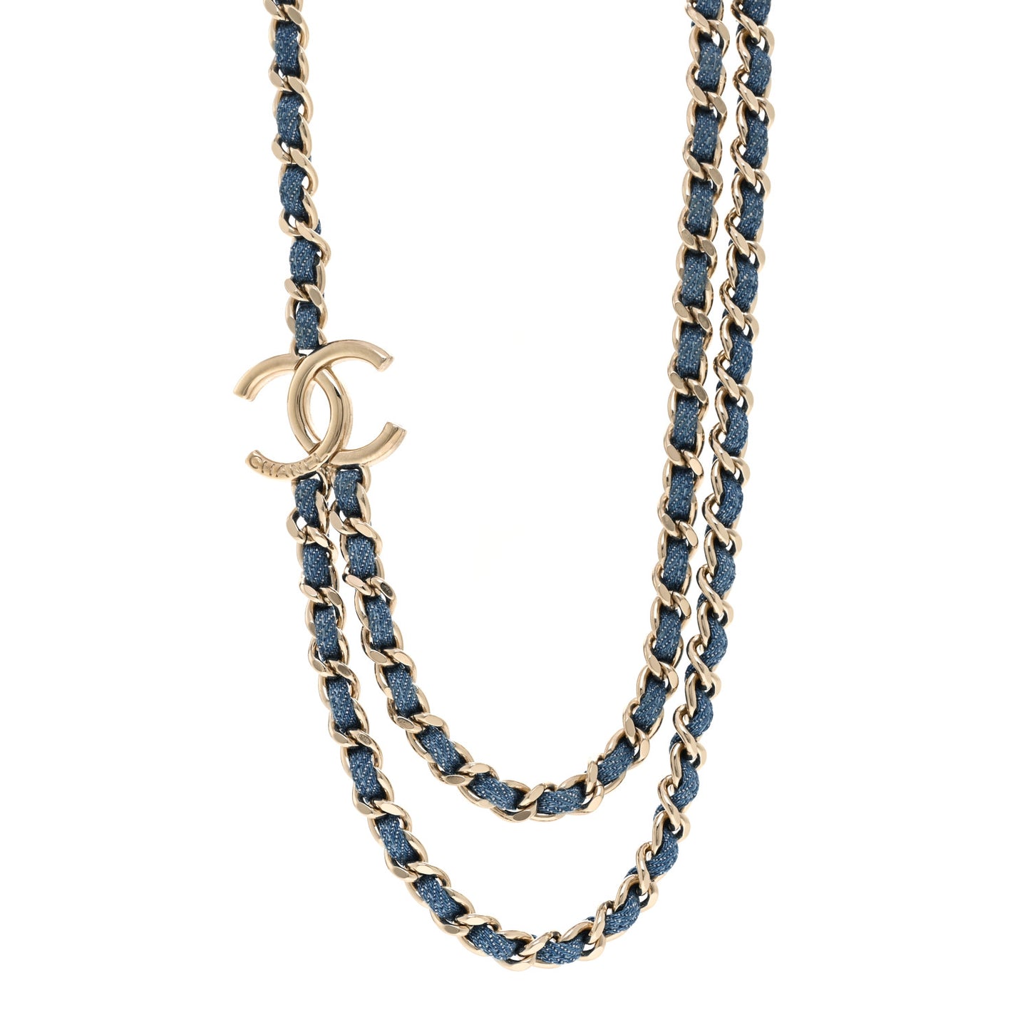Metal Denim CC Double Chain Necklace Blue Gold