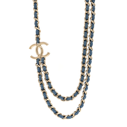 Chanel Metal Denim CC Double Chain Necklace Blue Gold 1 of 6