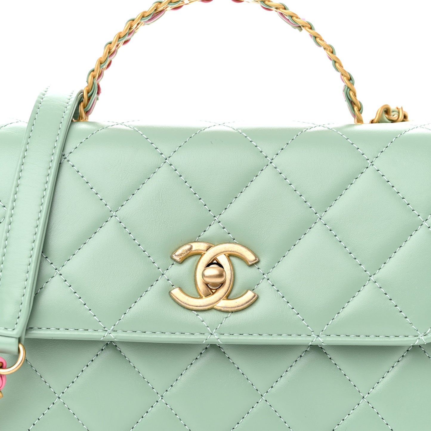 Shiny Calfskin Quilted Mini Metal Top Handle Flap Light Green