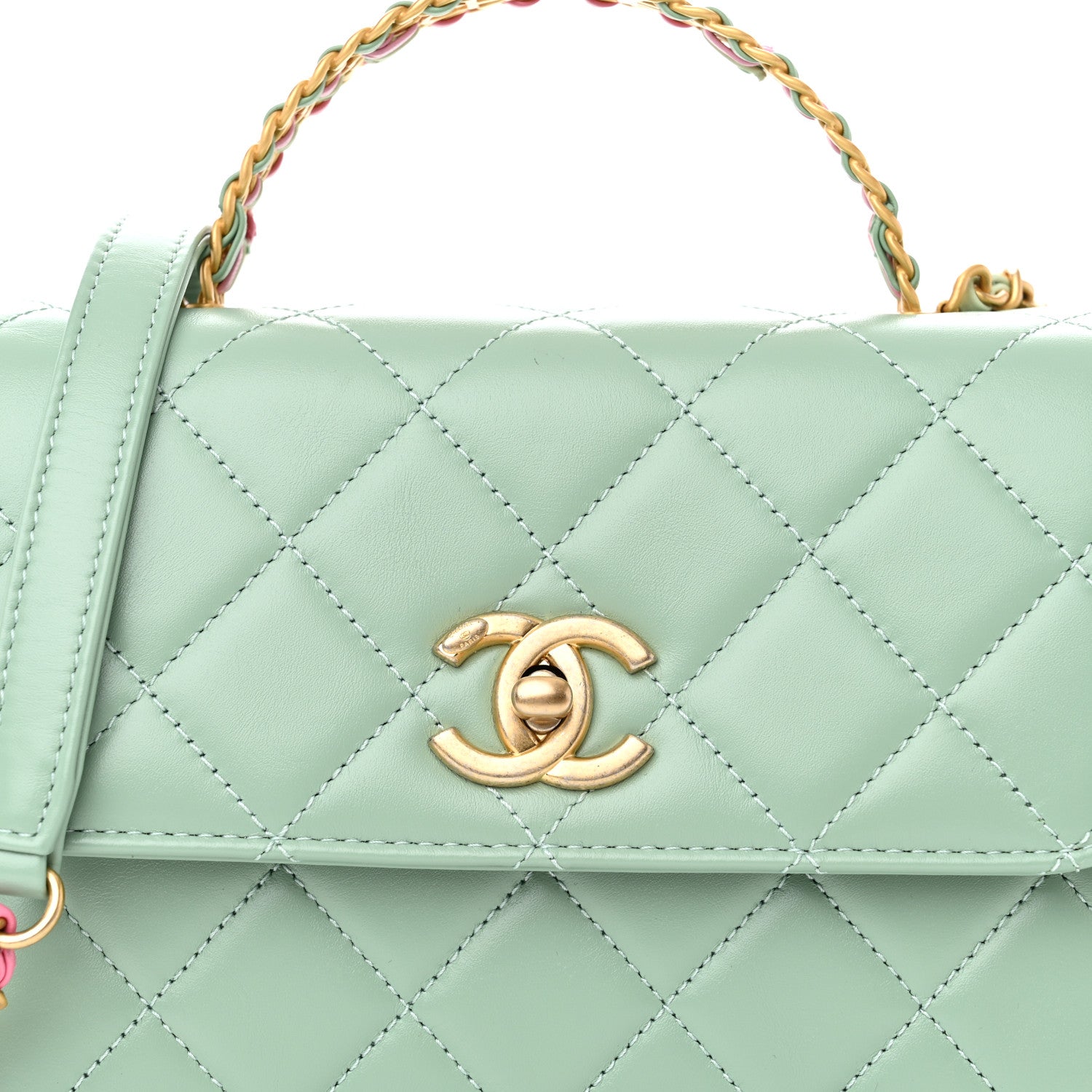Chanel Shiny Calfskin Quilted Mini Metal Top Handle Flap Light Green 8 of 11