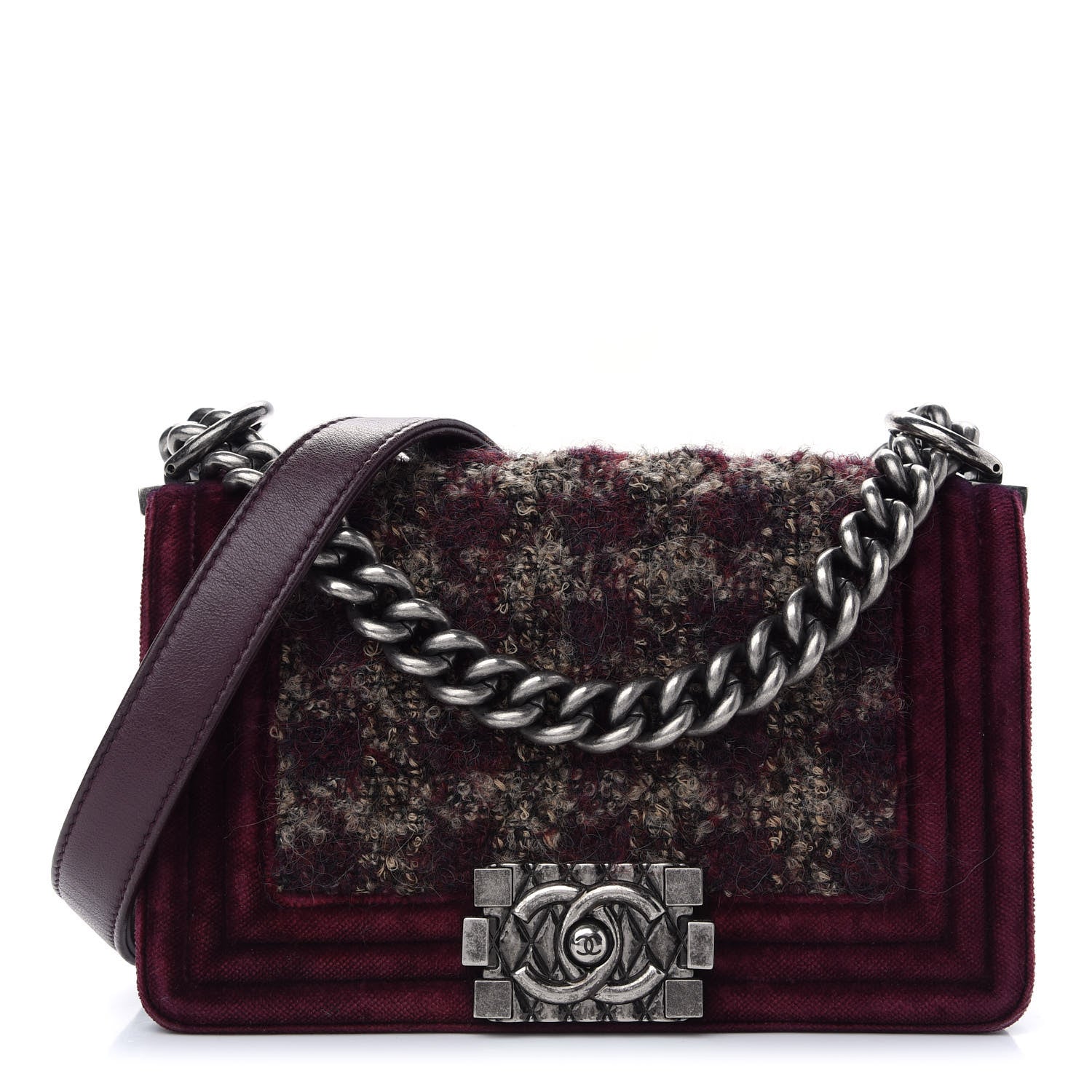 Chanel Tweed Velvet Quilted Small Boy Flap Burgundy 1 of 11