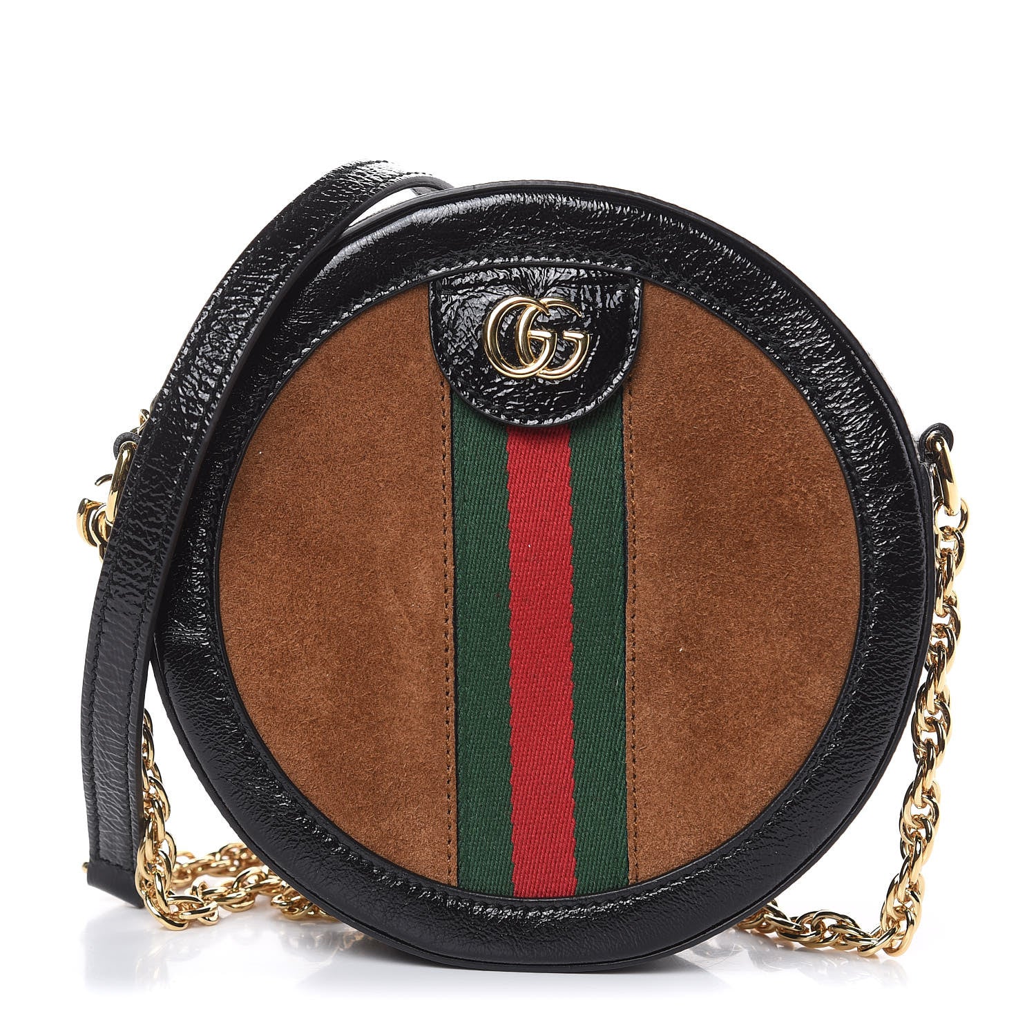 Gucci Suede Patent Web Mini Ophidia Round Shoulder Bag Nocciola Black 1 of 10