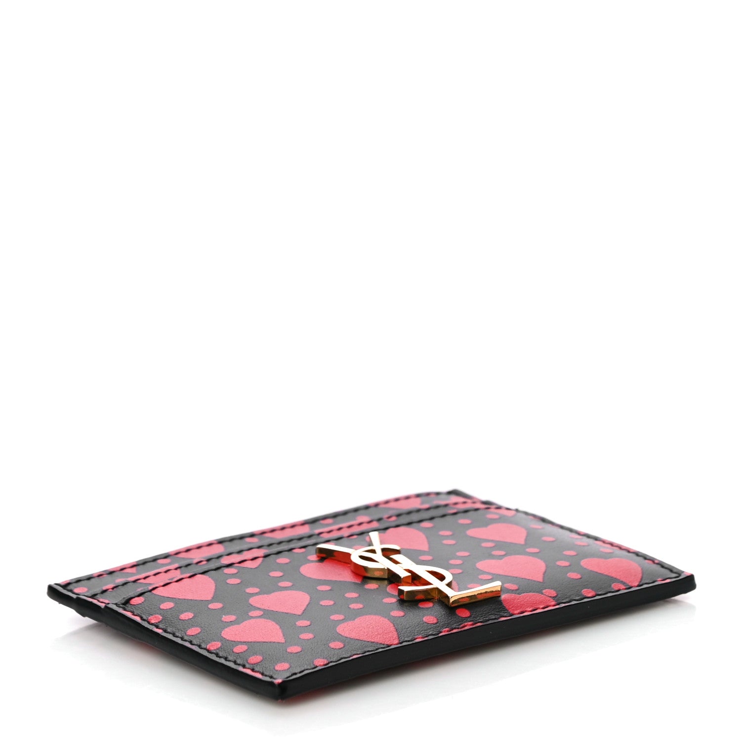 Saint Laurent Calfskin Heart Print Monogram Credit Card Case Black Red 4 of 12