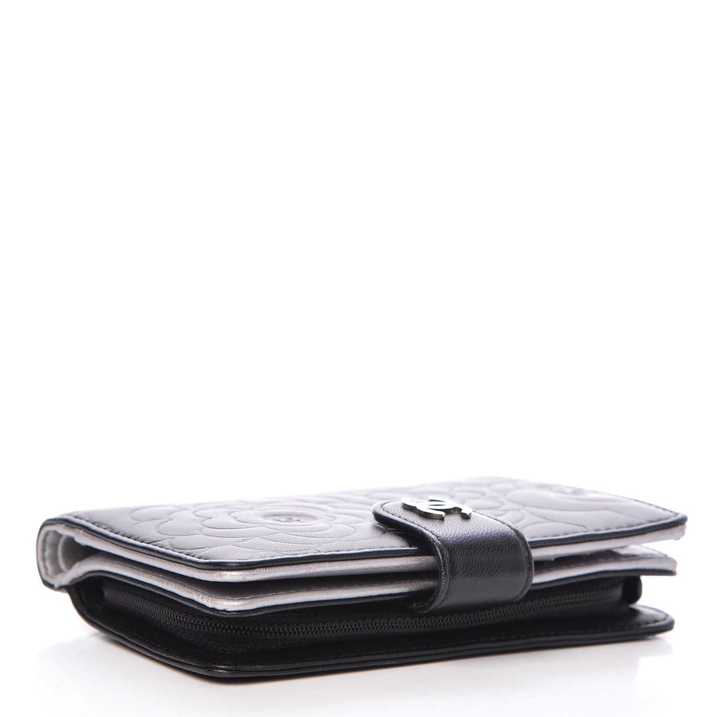 Lambskin Camellia Embossed Zipped Pocket Wallet Black